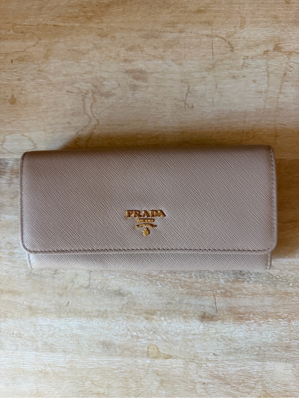 Prada Saffiano Leather Continental Wallet - Taupe Pink with Gold Logo
